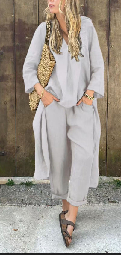 Pocket V-neck 2-piece Set Solid Color Loose