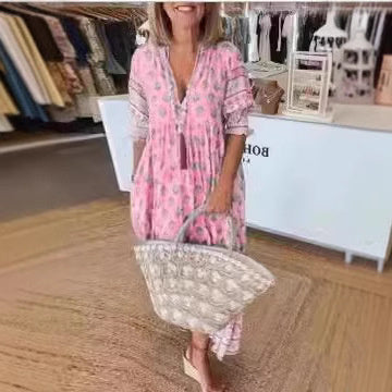 V-neck Fashion Printed Lantern Sleeve High Waist Big Swing Dress