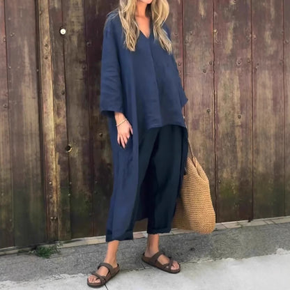 Pocket V-neck 2-piece Set Solid Color Loose